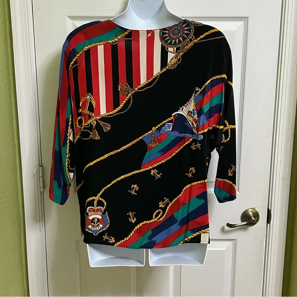 Carole Little Black Multicolor Blouse Nautical Vintage Dolman Sleeves Sz 12 - Picture 6 of 10